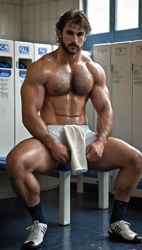 a character portrait [Rugby player ] Rugby Park ,delgado, hairy body, Alpha male, huge biceps, defined abs, white wet jockstrap ,show your penis , very wet with sweat ,on the locker room , seating , open long hairly legs , foot on the floor ,very hairy pec...