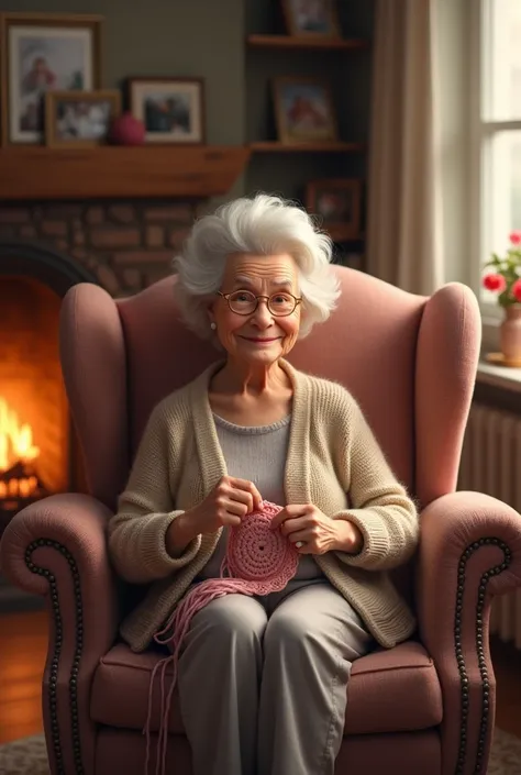 Grandma sitting in the armchair crocheting