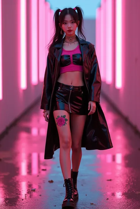 Beautiful young woman with petite facial features and body features, fair white Korean skin, wears black leather mini skirt, black and bright hot pink mesh top, cyber punk look, pink rose tattoo on her thigh, Dr marten black leather patent boots, in cyber ...