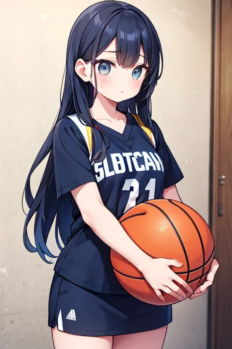 1 Standing Girl, Wearing a basketball shirt, Very detailed, Realistic, holding a ball, Age 27, Long Hair,Sweat,moving line, 