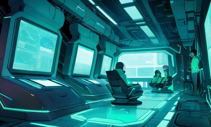 A futuristic room with sophisticated machines and technological devices glowing in blue and green tones. People are lying on high-tech tables or chairs, connected to wires and screens that display complex graphs and data. The image conveys a sense of scien...