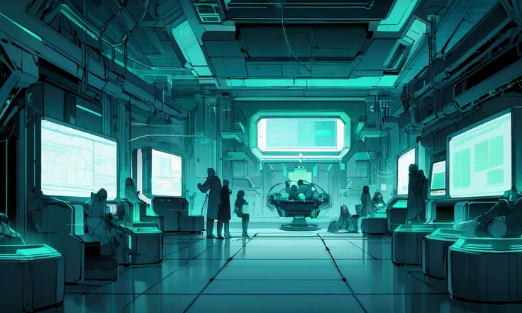 A futuristic room with sophisticated machines and technological devices glowing in blue and green tones. People are lying on high-tech tables or chairs, connected to wires and screens that display complex graphs and data. The image conveys a sense of scien...