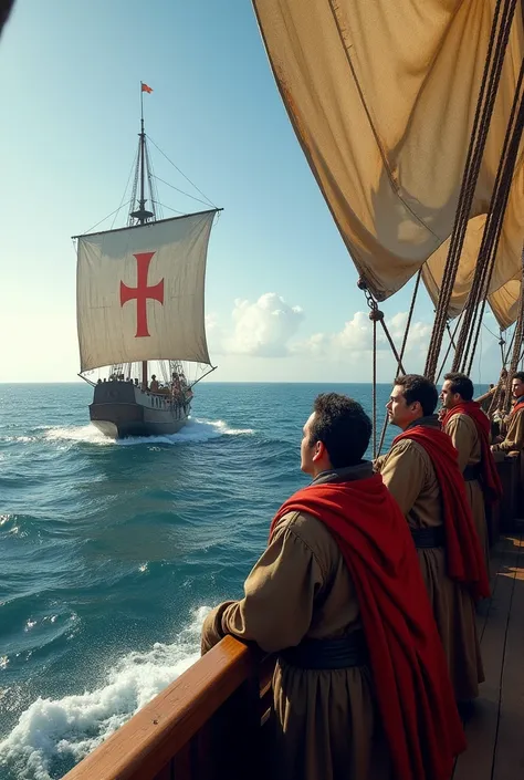 Portuguese sailors, of the sixteenth century, gazing at the horizon, of their wooden caravels with large white sails adorned with a red cross in the center