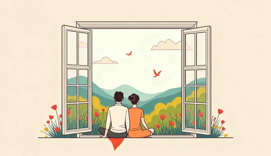 ((minimalism line style, lineart, line art), Illustration, simple art, vector art, flat style, figma, (man and woman sitting by the window, open window, view from the outside of the house, view from the street, flowers around, birds flying, bright colors)