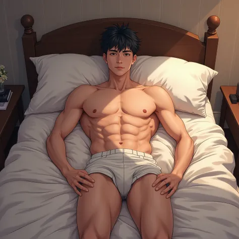 Full body of a naked man with erect penis on a bed lying anime 