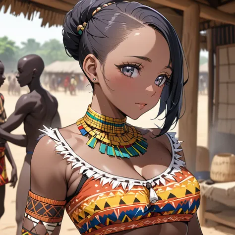 ((Highest quality)), ((masterpiece)), (detailed), （Perfect Face）、The woman is a skinhead named Aoki Reika, a Ghanaian with black skin and a skinhead, from the indigenous people of Ghana, Africa.、The woman was wearing an African Ghanaian native tribal dance...