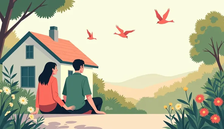 ((minimalism line style, lineart, line art), Illustration, simple art, vector art, flat style, figma, (man and woman sitting, view from the outside of the house, view from the street, flowers around, birds flying, bright colors)