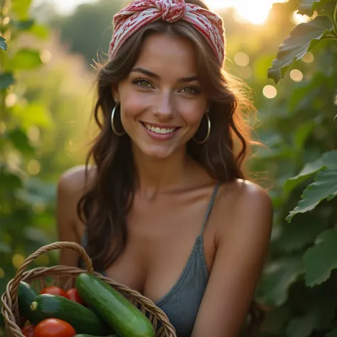 beautiful italian female model, olive skin tone, summer day, wearing a bandana on her head, two strands of hair falling in front of her face, wearing a skin tight summer gray dress, silver hoop earrings, light makeup, looking at camera, holding a basket of...