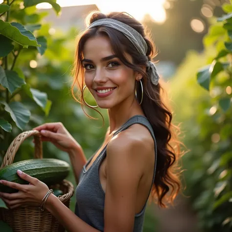 beautiful italian female model, olive skin tone, summer day, wearing a bandana on her head, two strands of hair falling in front of her face, wearing a skin tight summer gray dress, silver hoop earrings, light makeup, looking at camera, holding a basket of...