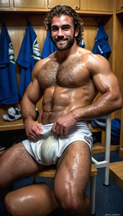 a character portrait [ two 2 Rugby player ] Rugby Park ,delgado, hairy body, Alpha male, happy , huge biceps, defined abs, white wet jockstrap ,show your penis , very wet with sweat ,on the locker room , seating , open long hairly legs , foot on the floor ...