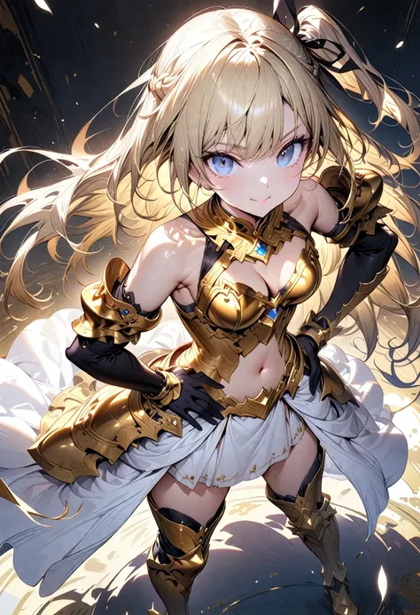 (masterpiece),(best quality),(ultra-detailed),(best illustration),(best shadow),(absurdres),(detailed background),(very aesthetic), 1girl, solo, ((blonde-hair)), ((golden-armor)), blue-eyes, navel, boots, high-heels, underwear, gloves, breasts, looking-at-...