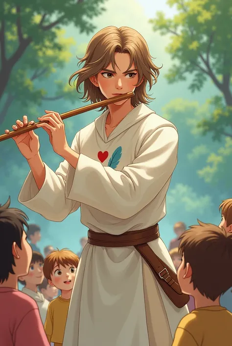 a young half-elf man with delicate, feminine features and shoulder-length light brown hair wearing white medieval clothing with a symbol of a light blue feather over a red heart drawn on the clothing at chest height, playing flute for kids anime style
