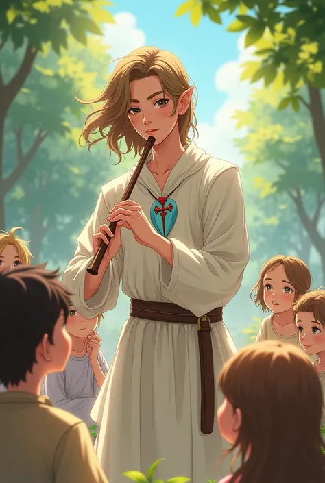 a young half-elf man with delicate, feminine features and shoulder-length light brown hair wearing white medieval clothing with a symbol of a light blue feather over a red heart drawn on the clothing at chest height, playing flute for kids anime style
