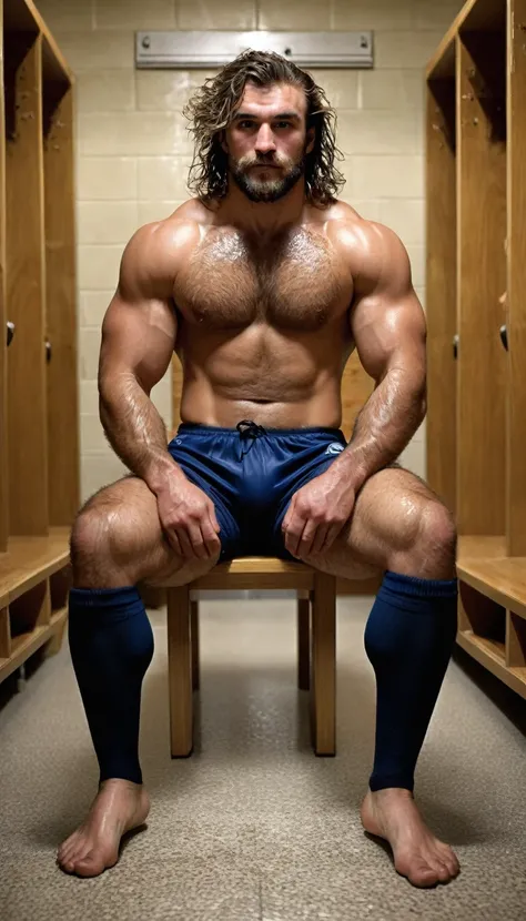 a character portrait [ two 2 Rugby player ] Rugby Park ,delgado, hairy body, Alpha male, happy , huge biceps, defined abs, white wet jockstrap ,show your penis , very wet with sweat ,on the locker room , seating , open long hairly legs , foot on the floor ...