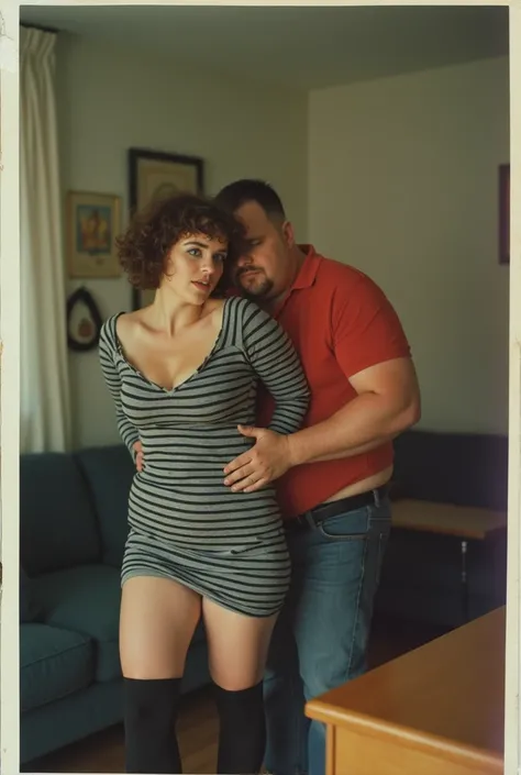 photo taken with a 1980s disposable camera, a 35-year old short curly hair, chubby german woman, pale skin, slighty overweight, gorgeous body, with very medium breasts, wide hips, groped, pronounced clavicles, plump ass, with short curly brown hair, blue e...