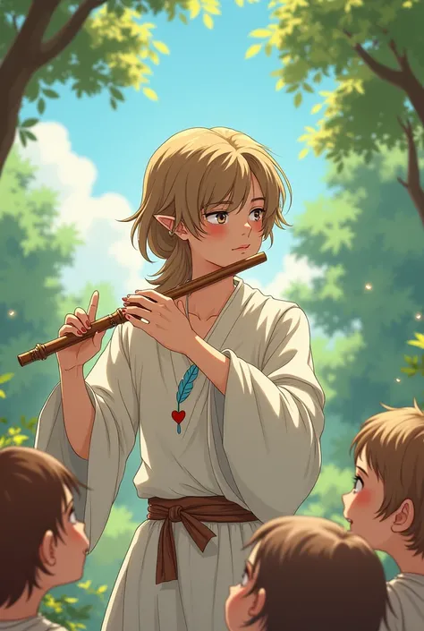 a young half-elf man with delicate, feminine features and shoulder-length light brown hair wearing white medieval clothing with a symbol of a light blue feather over a red heart drawn on the clothing at chest height, playing flute for kids anime style
