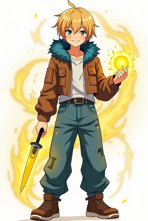 short hair, blond hair, Love, necessary, The best quality, anime, masculine, adolescent, straight hair, smile, presumed, simple background, Brown cropped leather jacket with blue polar fur on the hood, baggy jeans, brown sneakers, Yellow energy knife in on...