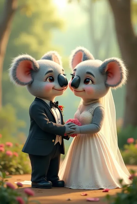 Koala in wedding dress with his koala bride beside him