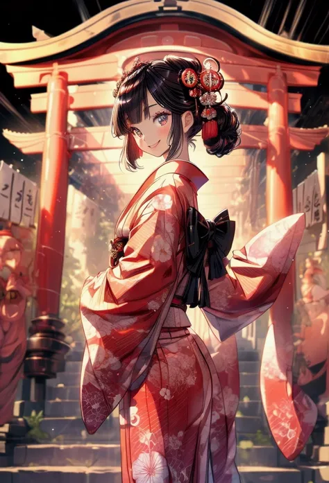 masterpiece, ultra detailed, female, japanese,casual dress,posing,tall,double eyelid,smiling,twin tail,night,shinto shrine,dslr,highly detailed,japanese