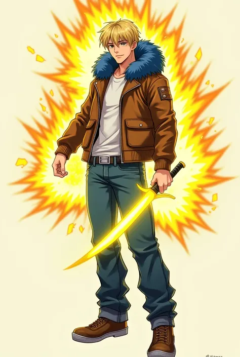 short hair, blond hair, Love, necessary, The best quality, anime, masculine, adult, attractive, handsome, straight hair, smile, presumed, simple background, Brown cropped leather jacket with blue polar fur on the hood, baggy jeans, brown sneakers, Yellow e...