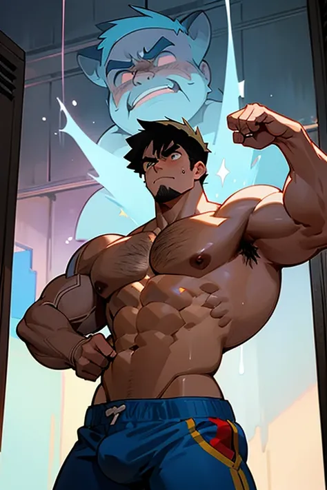 Ash Ketchum from Pokémon anime as a big dumb teenage muscular bodybuilder jock in a locker room flexing and staring blankly with mouth gaping open as his eyes glow under hypnosis as he repeats, "Bigger... Dumber.... Must obey.... More like a jock bro every...