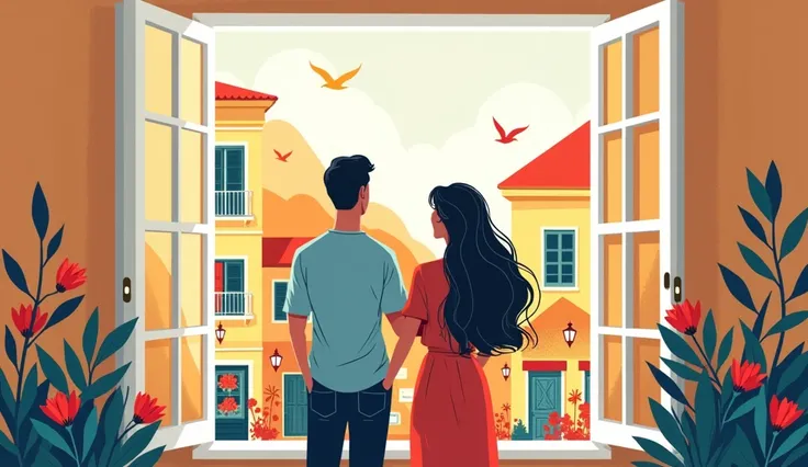 ((minimalism line style, lineart, line art), Illustration, simple art, vector art, flat style, figma, (a man and a woman are standing at the window, looking out the window, open window, view from the outside of the house, view from the street, flowers arou...