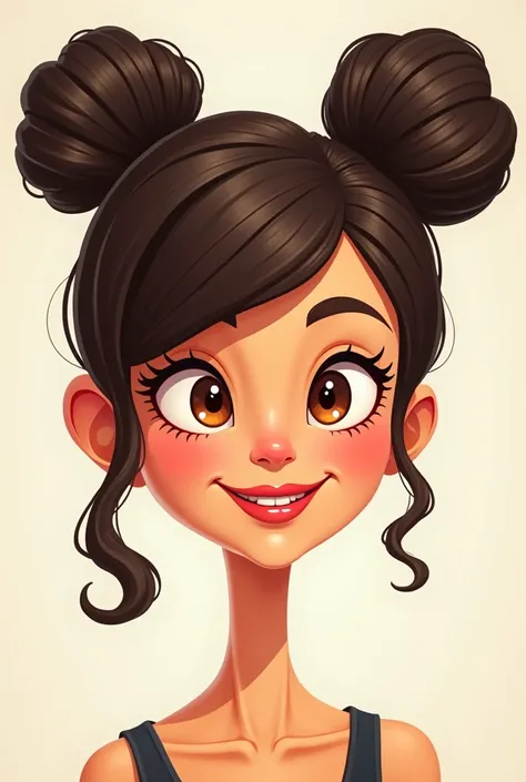 cartoon woman with bobbleheads and bangs, brown color of slanted eyes