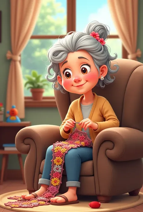 Grandma in cartoon form sitting in the armchair doing crochet and crochet lines on her leg and with a flower in her hair