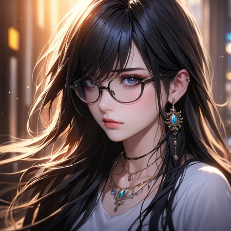 1girl, jewelry, glasses, solo, necklace, long hair, looking at viewer, earrings, bangs, black choker, lips, black-framed eyewear, blurry, blurry background, rolls her eyes, close-up, cinematic lighting, bright colors, photorealistic, concept art style, hig...