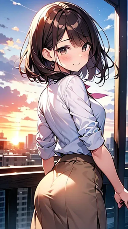 One girl、(Brown hair short cut)、Beautiful brown hair、Perfect Face、Cute and symmetrical face、Shiny skin、Friendly face smiling、Very clear, reflective brown eyes、Slightly chubby、Small breasts、buttocks are small、A girl in a white button-down shirt and a tight ...