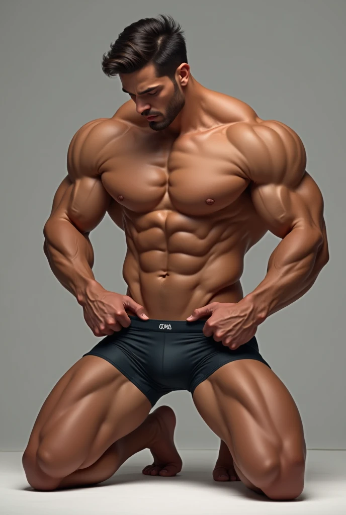 Muscular man, in boxers, on the knees, with a bulge in the boxers, hand in panties