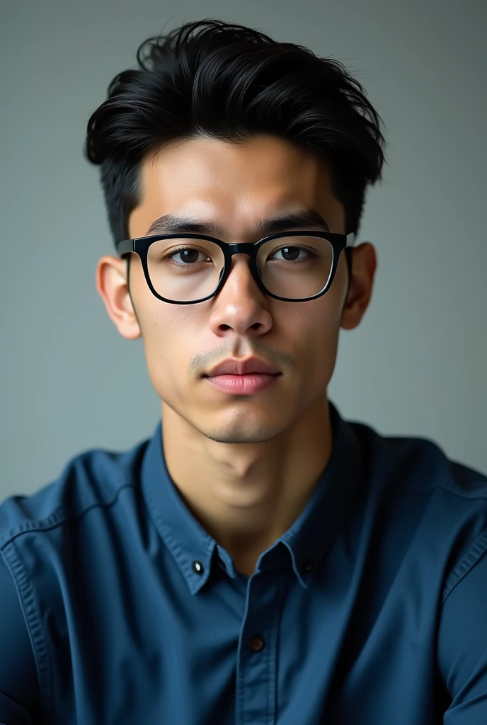 "Create a realistic image of a young male. He should have dark hair and be wearing glasses. The shirt should be blue. The face should have sharp definitions and striking details, with well-defined facial features. The image should be in Full HD with a cine...