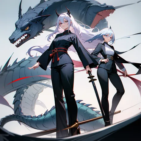 tall woman, Black blue kimono suit with a high collar that has an eye and swirl symbol, loose pants , blue eyes, White hair, long white eyelashes, turtle neck(( 12cm heels)) tall black, Curvy body, dark round cravings, Long hair, ((naginata weapon)) Japane...