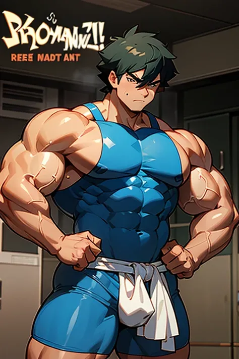 Ash Ketchum from Pokémon anime as a big dumb teenage muscular bodybuilder jock in a locker room flexing and staring blankly with mouth gaping open as his eyes glow under hypnosis as he repeats, "Bigger... Dumber.... Must obey.... More like a jock bro every...