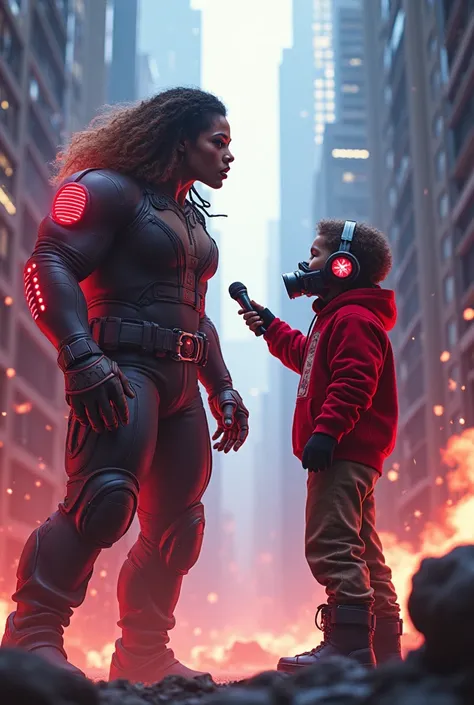 Zendaya, realistic, big breasts, microphone, full body  & Youg boy with red hoodie, headphones, Star-lord helmet, rocket boots, gas helmet, covered mouth, round red, eyes, front cover, Kid Star-lord with red hoodie, headphones, star-lord helmet, gas helmet...