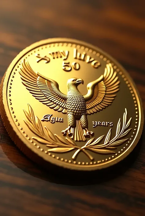 On a golden coin decorated with an eagle, write “My 50 Years”