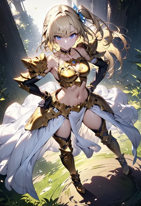 (masterpiece),(best quality),(ultra-detailed),(best illustration),(best shadow),(absurdres),(detailed background),(very aesthetic), 1girl, solo, ((blonde-hair)), ((golden-armor)), blue-eyes, navel, boots, high-heels, underwear, gloves, breasts, looking-at-...