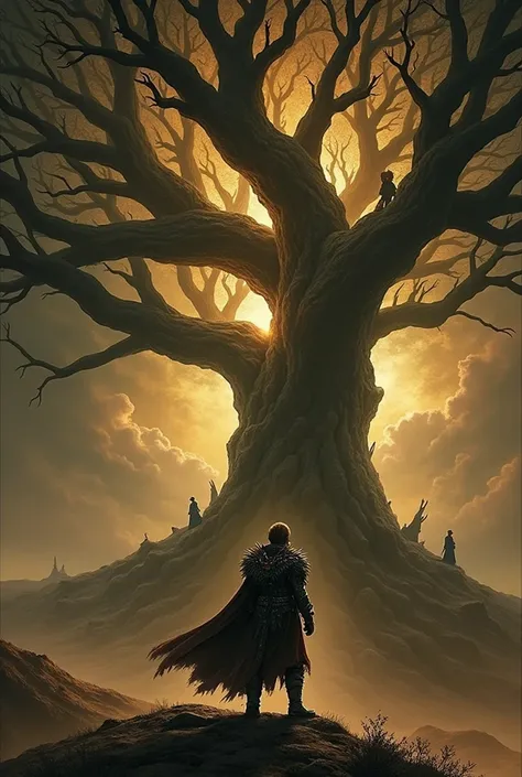 a painting of a man standing on a hilltop next to a World Tree, dark souls art, elden ring art, incredible & d dark sun art, dark souls art style, dark souls concept art, darksouls concept art, Elden ring concept art, Elden Ring Oficial, Elden ring boss, a...