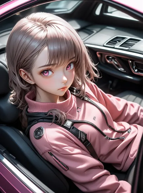 High angle photo of gorgeous young woman in cyberpunk style, Realistic skin texture, look up,Pink sweatshirt,Posing in a car, 1 / 2. Body Crop, 8 5mm Art Lens, 1 1. 2, Sharp focus, 8K high resolution, Very detailed, Complex, elegant, Art by Stanley Lau and...