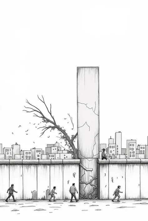 Berlin wall falling down black and white line drawing
