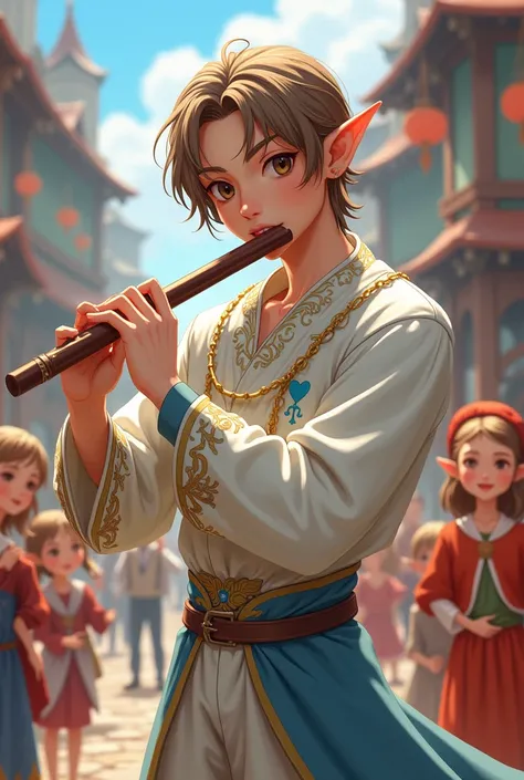 a young half-elf man with delicate, feminine features and shoulder-length light brown hair wearing white medieval clothing with a symbol of a light blue feather over a red heart drawn on the clothing at chest height, playing the flute and partying with che...