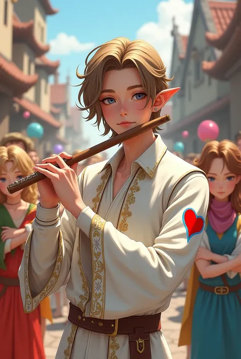 a young half-elf man with delicate, feminine features and shoulder-length light brown hair wearing white medieval clothing with a symbol of a light blue feather over a red heart drawn on the clothing at chest height, playing the flute and partying with che...