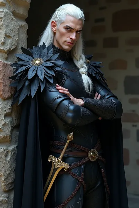 Create a powerful and beautiful prince of hell with lilac eyes and long white hair with some braids, Put on him elegant dark armor and leaf-shaped shoulder pads that fall over his arms and a black cape and a golden sword on his hip. That he is leaning agai...