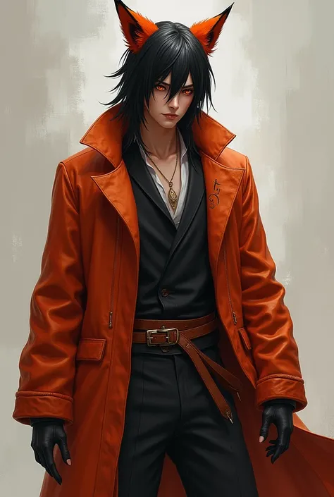 Create an image of a rogue man (inspired by Ban, from Seven deadly sins) that is half human, half fox, whose garments must be reddish/orange (like the color of a fox), with red brown eyes, straight black hair, tall and slim. The character must be a male ch...