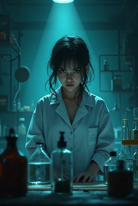 Generates a scientific, that is A little realistic,, Let the background be Mysterious in a laboratory,That the scientist is as worried, that focuses on just her, Let it be pretty and let the face be seen and be straight, more mysterious and dark