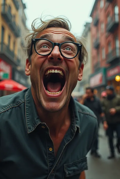 A man with black glasses laughing like crazy after seeing a homeless man drinking Coca Cola 