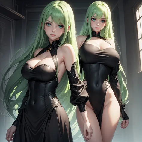 A young 1 woman, with long green hair to her shoulders and light green eyes glowing, which shine adding a special touch to her appearance. Her fair skin is soft and well-groomed, giving an interesting contrast to the darker shade of her eyes. She is quite ...