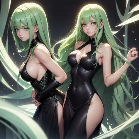 A young 1 woman, with long green hair to her shoulders and light green eyes glowing, which shine adding a special touch to her appearance. Her fair skin is soft and well-groomed, giving an interesting contrast to the darker shade of her eyes. She is quite ...