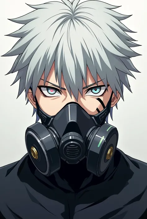 Male Anime Character with a breathing mask with serious expression, With a white left eye and a scar and Withe Hair.