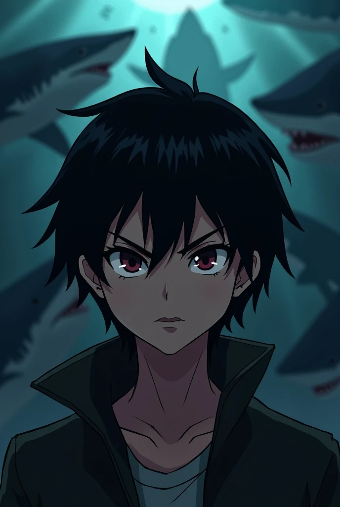 Create an anime character with slanted eyes, dark hair with a dark shark background 